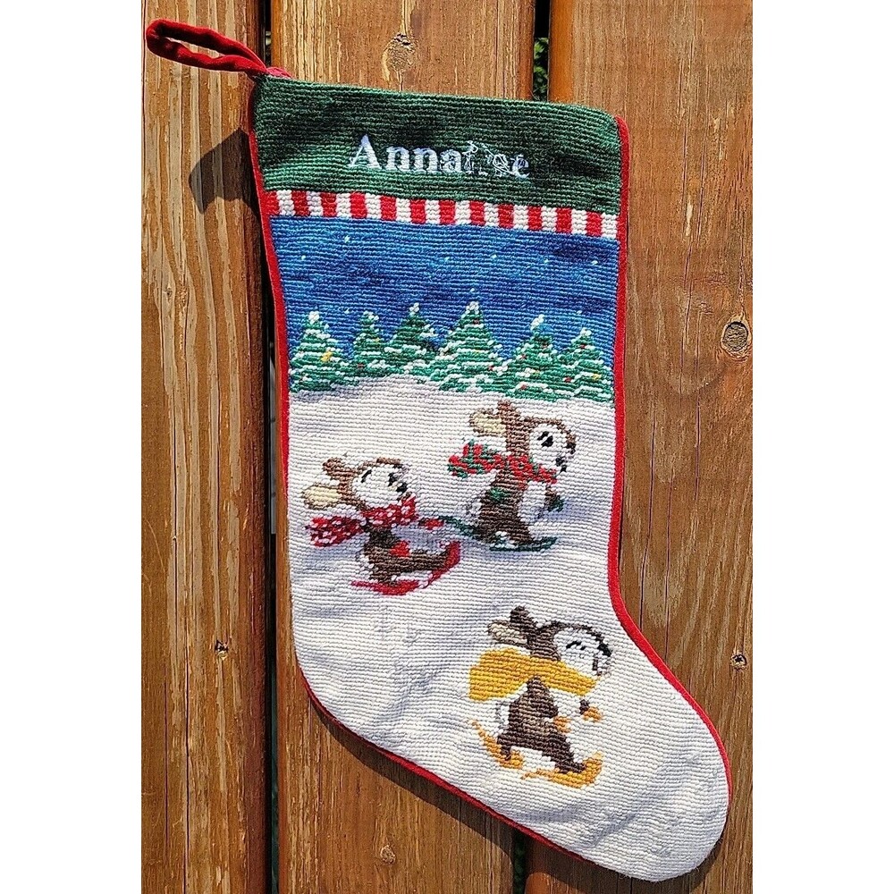 Lands End Bunnies Needlepoint Christmas Stocking Wool Green Red Cotton FLAW